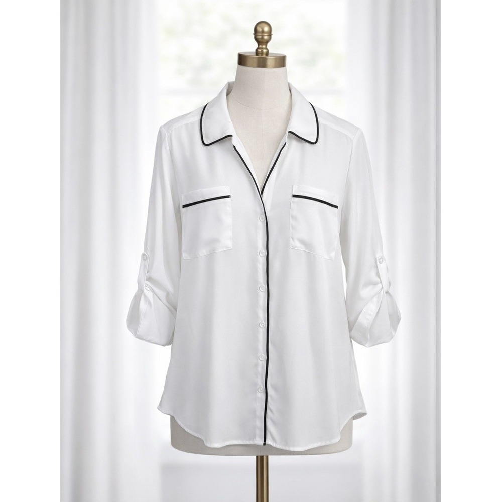 Torrid Georgette Blouse Button Down Shirt Roll Tab Sleeve White Size 0 Large 12